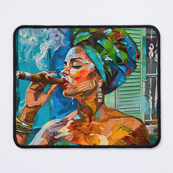 Item preview, Cuban Spirit - Vibrant Portrait of Woman Smoking a Cigar with Bold Colors and Textured Backdrop designed and sold by OlfactoART Studio.