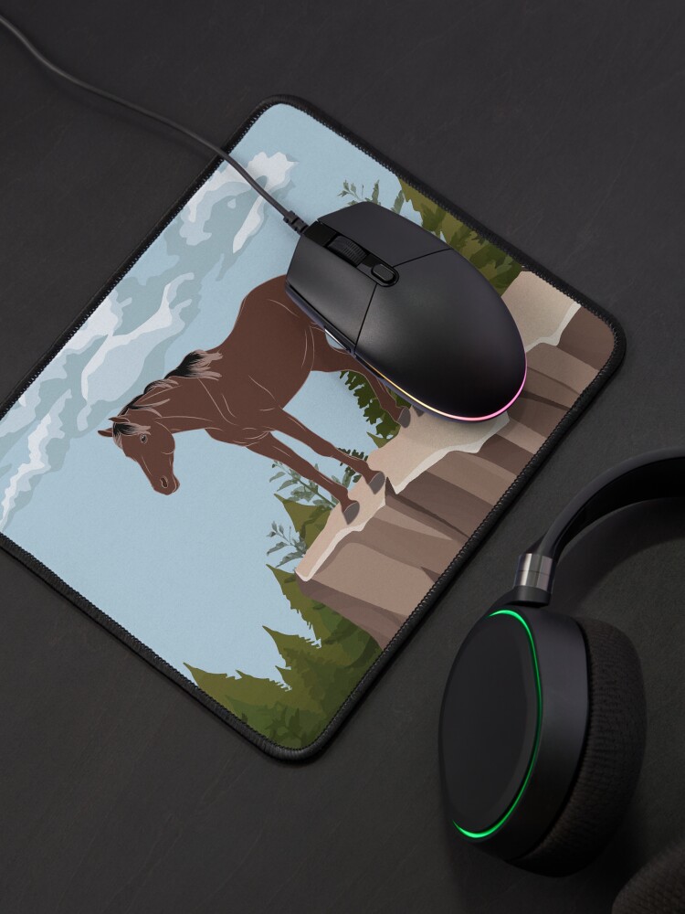 Aperçu 4 sur 5. Tapis de souris avec l'œuvre Cheval Aénos, cheval rouanné sur un fond de paysage, cheval de petite taille, races de chevaux de la Grèce créée et vendue par WebEquitation.