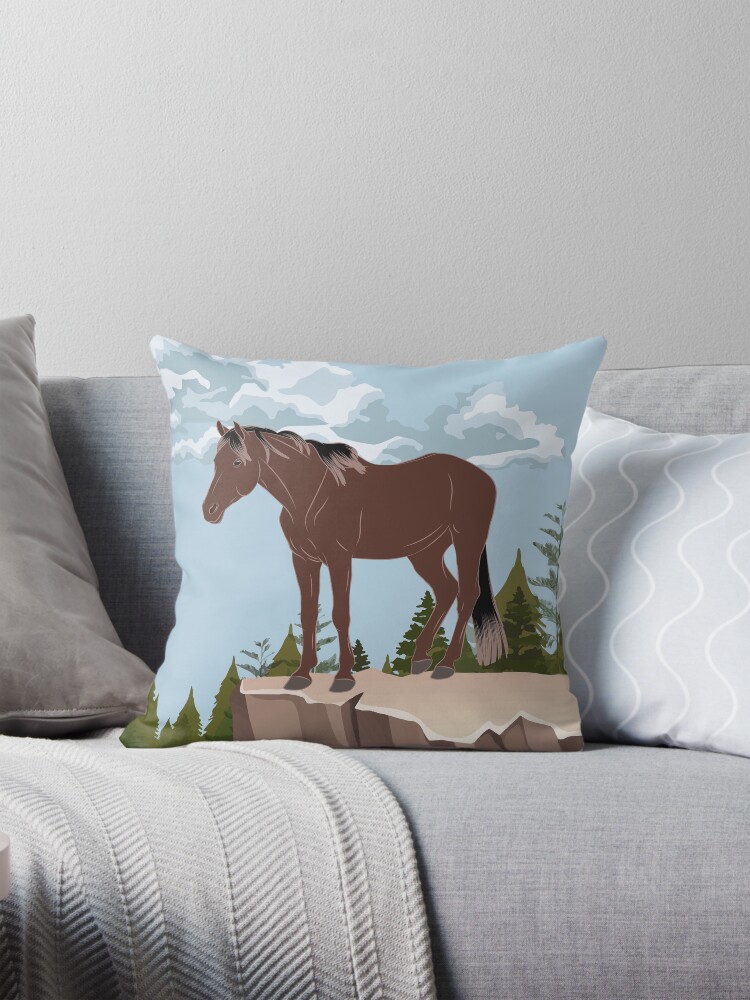 Aperçu 1 sur 4. Coussin avec l'œuvre Cheval Aénos, cheval rouanné sur un fond de paysage, cheval de petite taille, races de chevaux de la Grèce créée et vendue par WebEquitation.