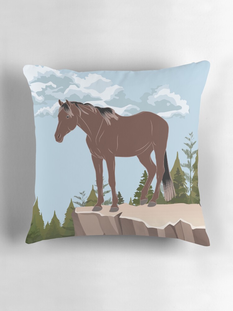Aperçu 3 sur 4. Coussin avec l'œuvre Cheval Aénos, cheval rouanné sur un fond de paysage, cheval de petite taille, races de chevaux de la Grèce créée et vendue par WebEquitation.