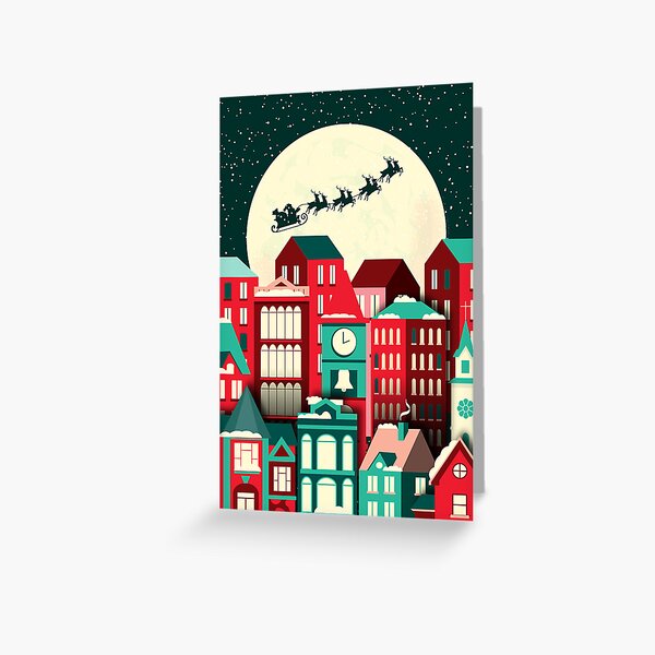 Item preview, Christmas Village with Full Moon and Santa and Reindeer flying in sky designed and sold by Jdawnink.