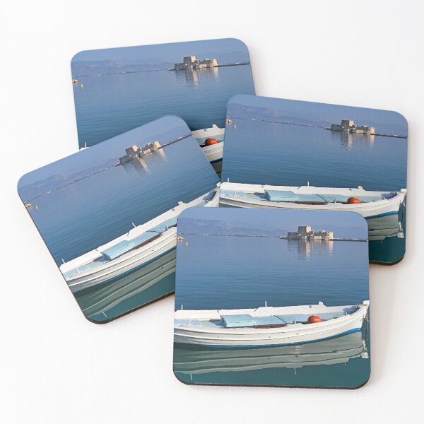 Item preview, Small boat and Bourtzi fortress in Nafplio, Peloponnese, Greece,summertime designed and sold by goceris.