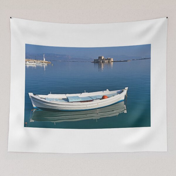 Item preview, Small boat and Bourtzi fortress in Nafplio, Peloponnese, Greece,summertime designed and sold by goceris.