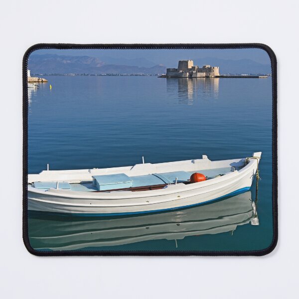 Item preview, Small boat and Bourtzi fortress in Nafplio, Peloponnese, Greece,summertime designed and sold by goceris.