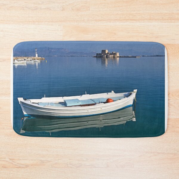 Item preview, Small boat and Bourtzi fortress in Nafplio, Peloponnese, Greece,summertime designed and sold by goceris.