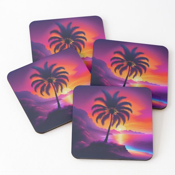 Item preview, Neon Sunset Beach with Palm Tree – Vibrant Tropical Illustration designed and sold by Art Garden.