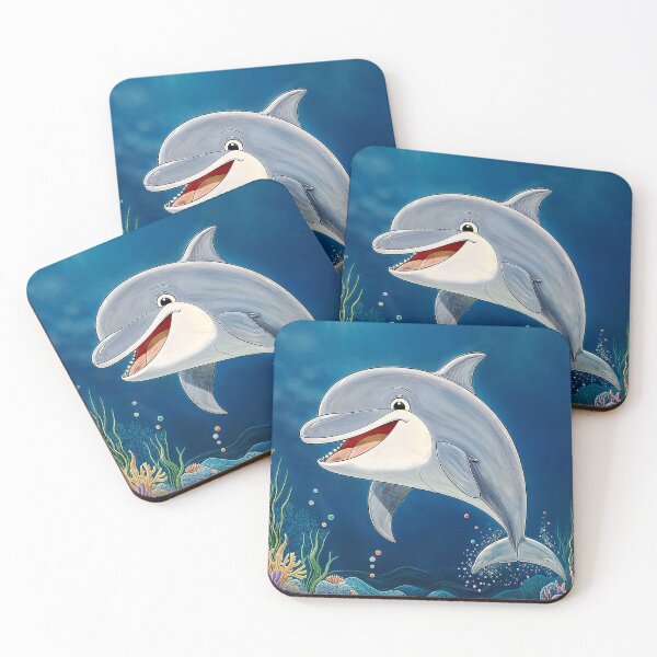Item preview, A whimsical dolphin in a cartoon style smiles on the background of the underwater world. designed and sold by IaroslavB.