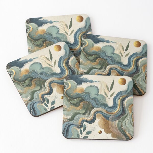 Item preview, Modern abstract inspired by nature, incorporates flowing organic shapes, earthy greens, deep blues, and golden accents to evoke the essence of wind, water, and plant life.  designed and sold by karinasalwaszka.