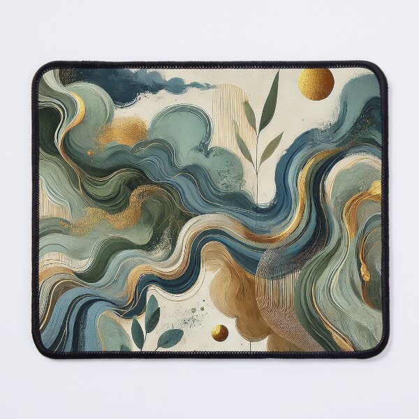 Item preview, Modern abstract inspired by nature, incorporates flowing organic shapes, earthy greens, deep blues, and golden accents to evoke the essence of wind, water, and plant life.  designed and sold by karinasalwaszka.