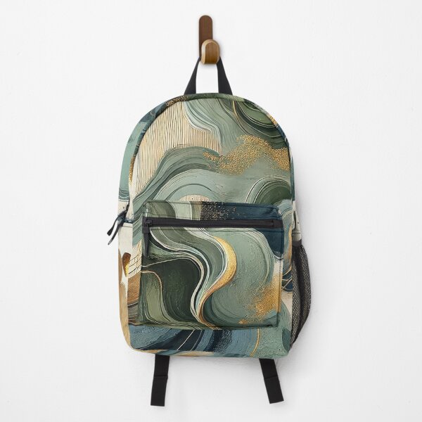 Item preview, Modern abstract inspired by nature, incorporates flowing organic shapes, earthy greens, deep blues, and golden accents to evoke the essence of wind, water, and plant life. designed and sold by karinasalwaszka.