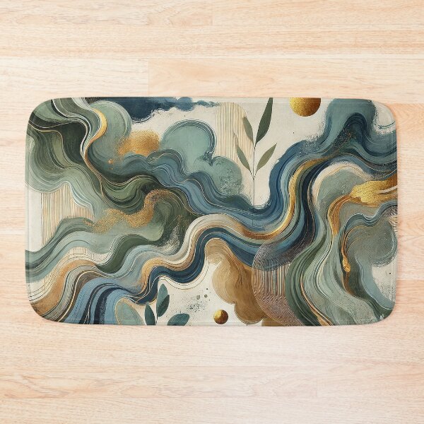 Item preview, Modern abstract inspired by nature, incorporates flowing organic shapes, earthy greens, deep blues, and golden accents to evoke the essence of wind, water, and plant life.  designed and sold by karinasalwaszka.