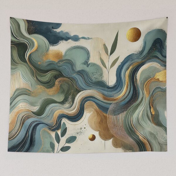 Item preview, Modern abstract inspired by nature, incorporates flowing organic shapes, earthy greens, deep blues, and golden accents to evoke the essence of wind, water, and plant life.  designed and sold by karinasalwaszka.