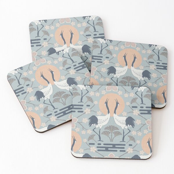 Item preview, Serene harmonious Japandi style dancing cranes linen textured 2 designed and sold by Designsbyluzia.