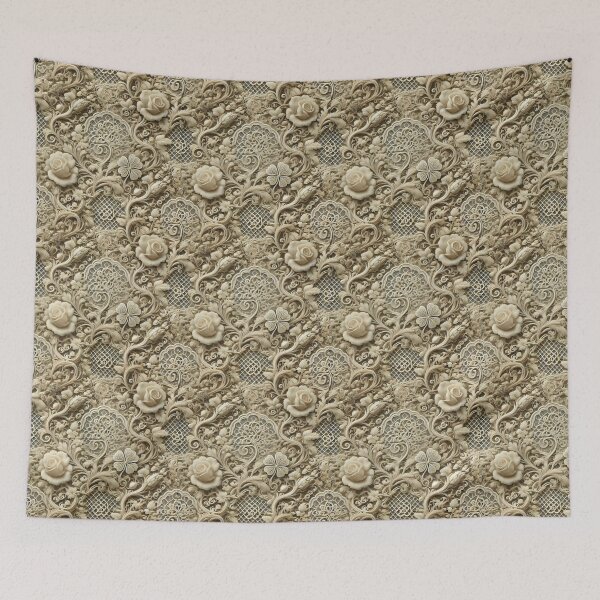 Item preview, A luxurious ivory floral tapestry with ornate embroidery, swirling patterns, and vintage lace-inspired detailing in a soft, elegant design designed and sold by Wiredart.