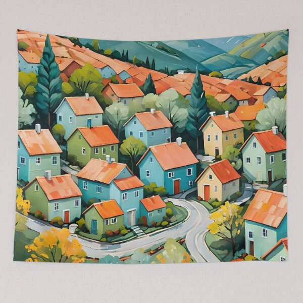 Item preview, Pastel Village Dream, Winding Roads & Cozy Homes, Whimsical Digital Painting, Nature Inspired Wall Art designed and sold by Kintsugi99.
