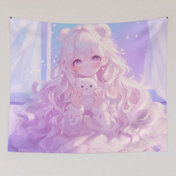 Item preview, Cozy Bear Girl Under Starry Night – Dreamy Pastel Anime Art designed and sold by Kawai Anime Shop.