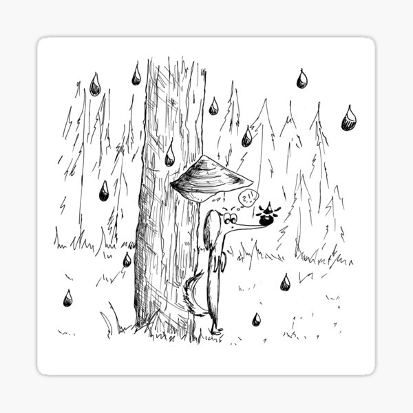 Item preview, Cute dachshund and rain in the forest ink illustration designed and sold by KorzenArt.