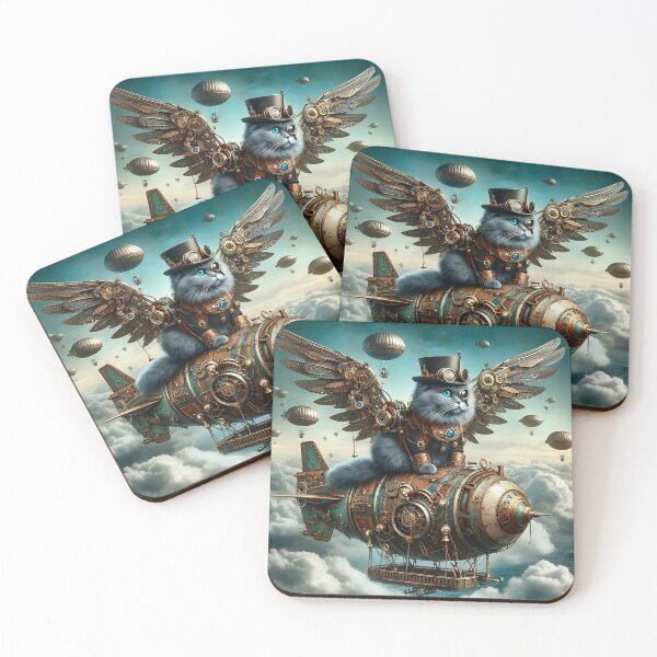 Item preview, Steampunk Cat on Flying Airship - Fantasy Art Illustration wall art designed and sold by Psycho-Crazy.