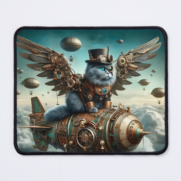 Item preview, Steampunk Cat on Flying Airship - Fantasy Art Illustration wall art designed and sold by Psycho-Crazy.
