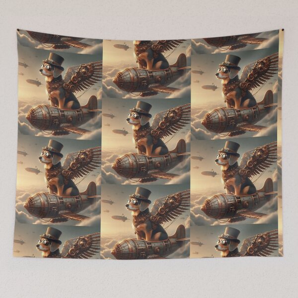 Item preview, Steampunk Dog Pilot with Mechanical Wings and Airship wall art designed and sold by Psycho-Crazy.