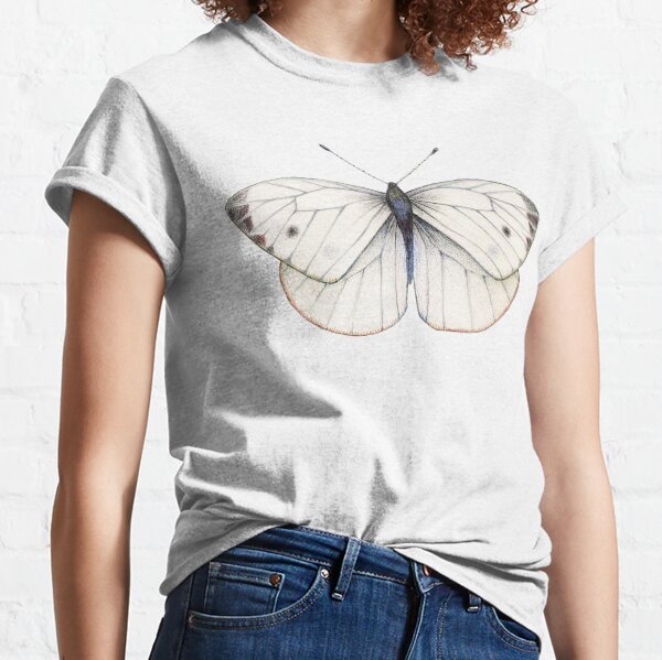 Vista previa del artículo con la obra «Camiseta con dibujo de mariposa blanca - Pieris Rapae», diseñado y vendido por LushLinesStudio.