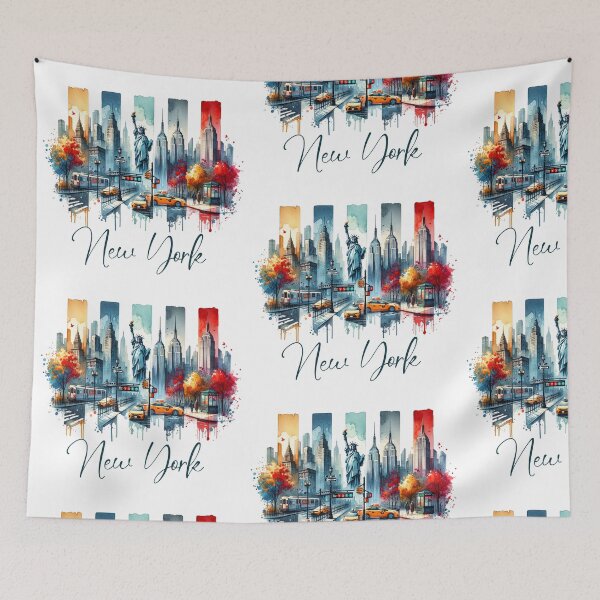 Item preview, New York Brushstroke Watercolor, Big Apple Design, Rainy City, Cityscape, Sky Scrapers, Statue of Liberty, Yellow Cabs, Central Park, NYC, NY City designed and sold by matchakpop.