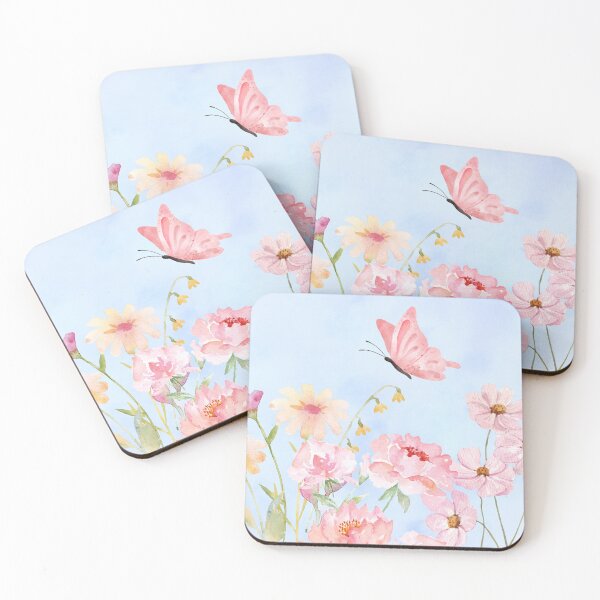 Item preview, Pink watercolour flowers and pink butterfly on blue watercolour background designed and sold by Fantacaroo Designs.