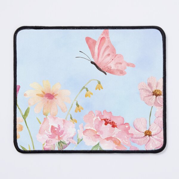 Item preview, Pink watercolour flowers and pink butterfly on blue watercolour background designed and sold by Fantacaroo Designs.