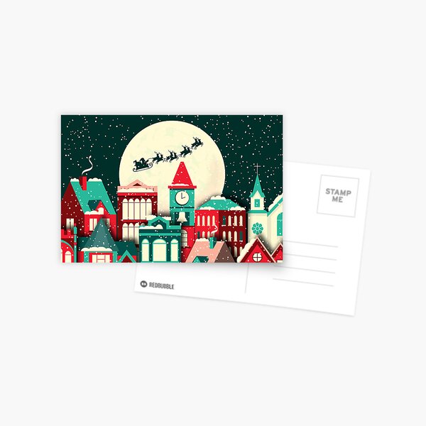 Item preview, Christmas Village with Full Moon and Santa and Reindeer flying in sky designed and sold by Jdawnink.