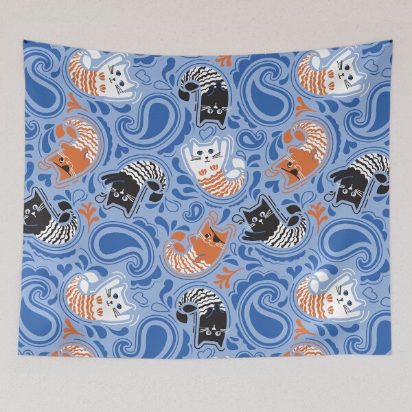 Item preview, Copy of Mermaid Cat Paisley - pool teal background orange black and white kitties designed and sold by SelmaCardoso.
