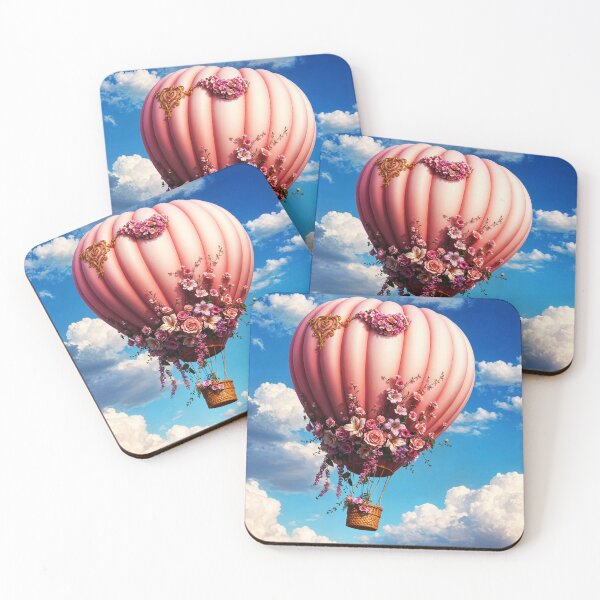 Item preview, pink roses decorated pin airballoon florating in the sky digitalart designed and sold by EmeraldeaArt.