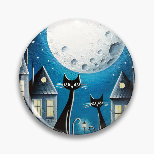 Item preview, whimsical night city town scene with two black cats sitting under a textured full moon cartoon designed and sold by EmeraldeaArt.