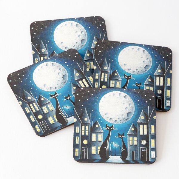 Item preview, whimsical night city town scene with two black cats sitting under a textured full moon cartoon designed and sold by EmeraldeaArt.