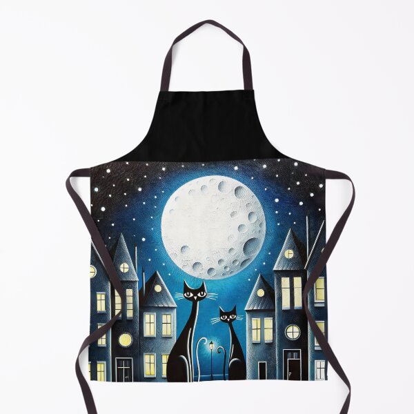 Item preview, whimsical night city town scene with two black cats sitting under a textured full moon cartoon designed and sold by EmeraldeaArt.