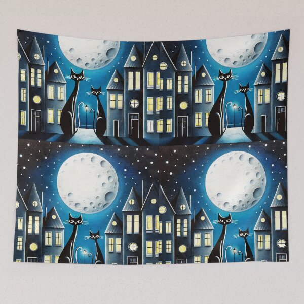 Item preview, whimsical night city town scene with two black cats sitting under a textured full moon cartoon designed and sold by EmeraldeaArt.