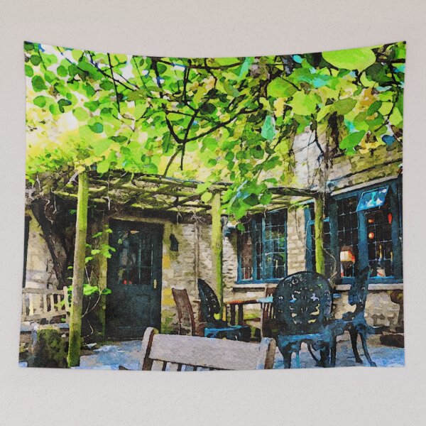 Item preview, Charming courtyard in the Cotswolds painted in vibrant watercolor hues designed and sold by GestaltImagery.