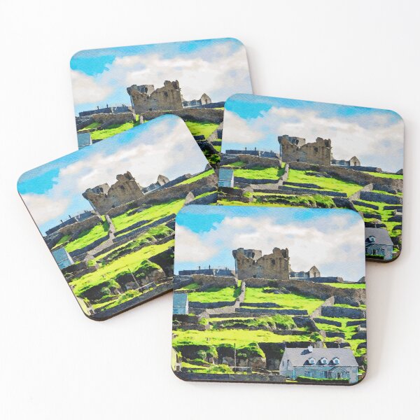 Item preview, Watercolor painting of Inishmore landscape showcasing historic ruins and green fields designed and sold by GestaltImagery.