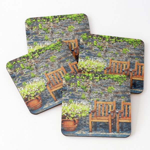 Item preview, Rustic garden scene with wooden chairs and vibrant flowers designed and sold by GestaltImagery.