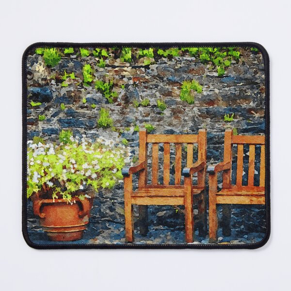 Item preview, Rustic garden scene with wooden chairs and vibrant flowers designed and sold by GestaltImagery.