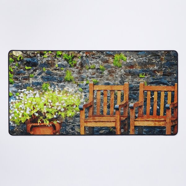 Item preview, Rustic garden scene with wooden chairs and vibrant flowers designed and sold by GestaltImagery.