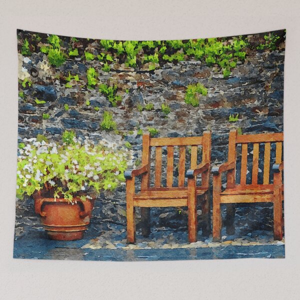 Item preview, Rustic garden scene with wooden chairs and vibrant flowers designed and sold by GestaltImagery.