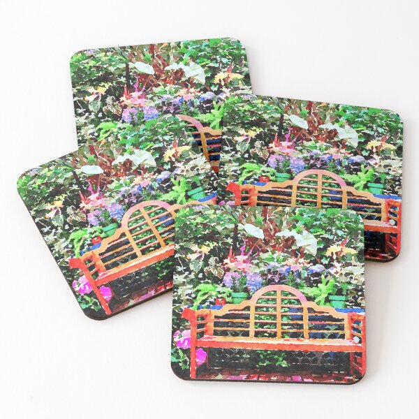 Item preview, Watercolor garden bench surrounded by vibrant plants designed and sold by GestaltImagery.