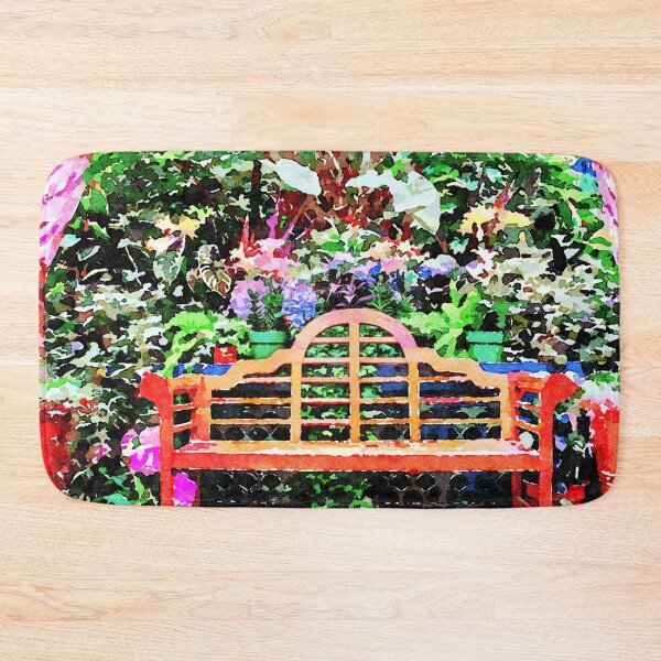 Item preview, Watercolor garden bench surrounded by vibrant plants designed and sold by GestaltImagery.