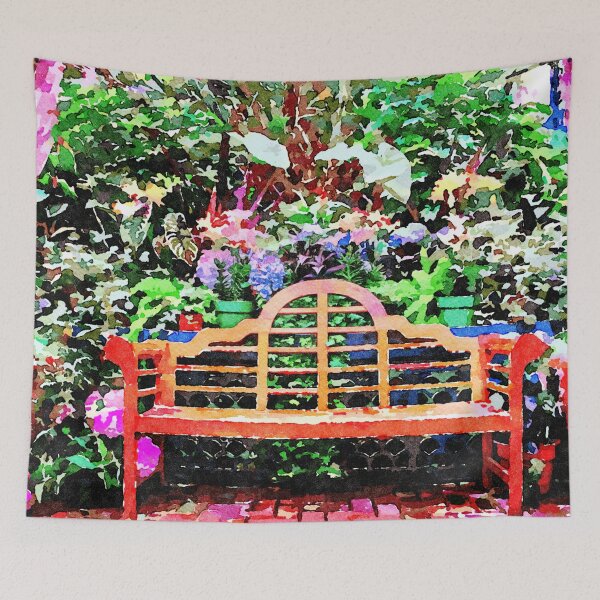 Item preview, Watercolor garden bench surrounded by vibrant plants designed and sold by GestaltImagery.
