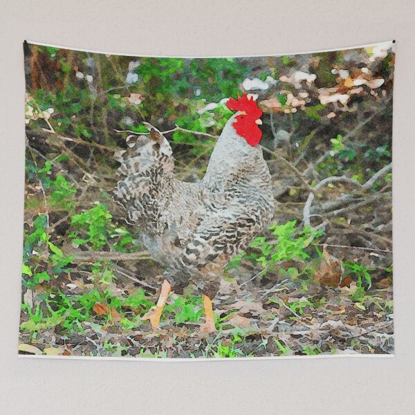 Item preview, Colorful rooster in vibrant watercolor forest setting designed and sold by GestaltImagery.