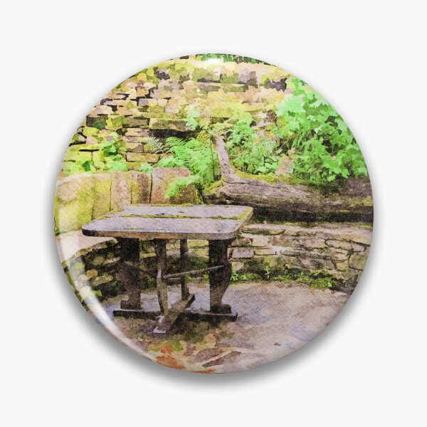 Item preview, Serene garden patio with stone seating and lush greenery designed and sold by GestaltImagery.
