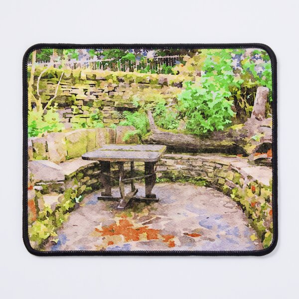 Item preview, Serene garden patio with stone seating and lush greenery designed and sold by GestaltImagery.