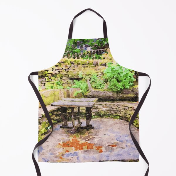 Item preview, Serene garden patio with stone seating and lush greenery designed and sold by GestaltImagery.