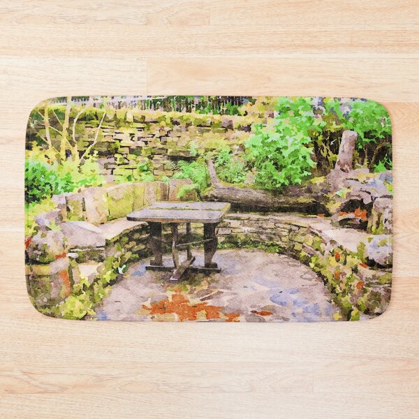 Item preview, Serene garden patio with stone seating and lush greenery designed and sold by GestaltImagery.