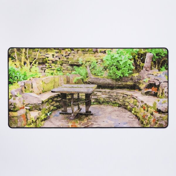 Item preview, Serene garden patio with stone seating and lush greenery designed and sold by GestaltImagery.